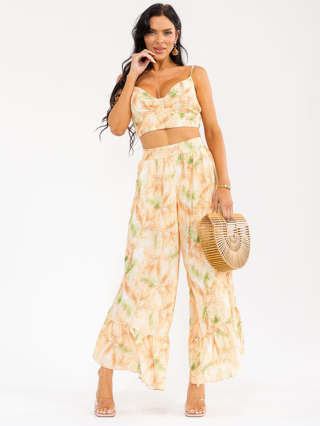 WOMEN'S SLEEVELESS SMOCK CROP TOP & ZIP UPWIDE LEG PANTS FLORAL 2PC. SET