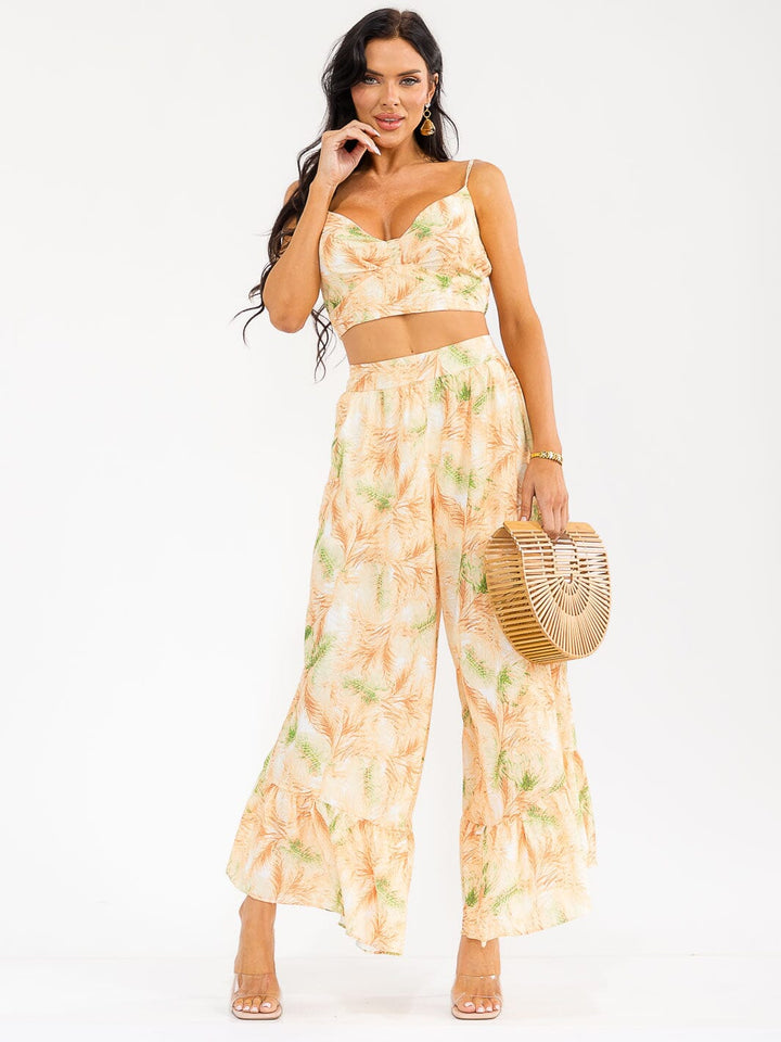 WOMEN'S SLEEVELESS SMOCK CROP TOP & ZIP UPWIDE LEG PANTS FLORAL 2PC. SET