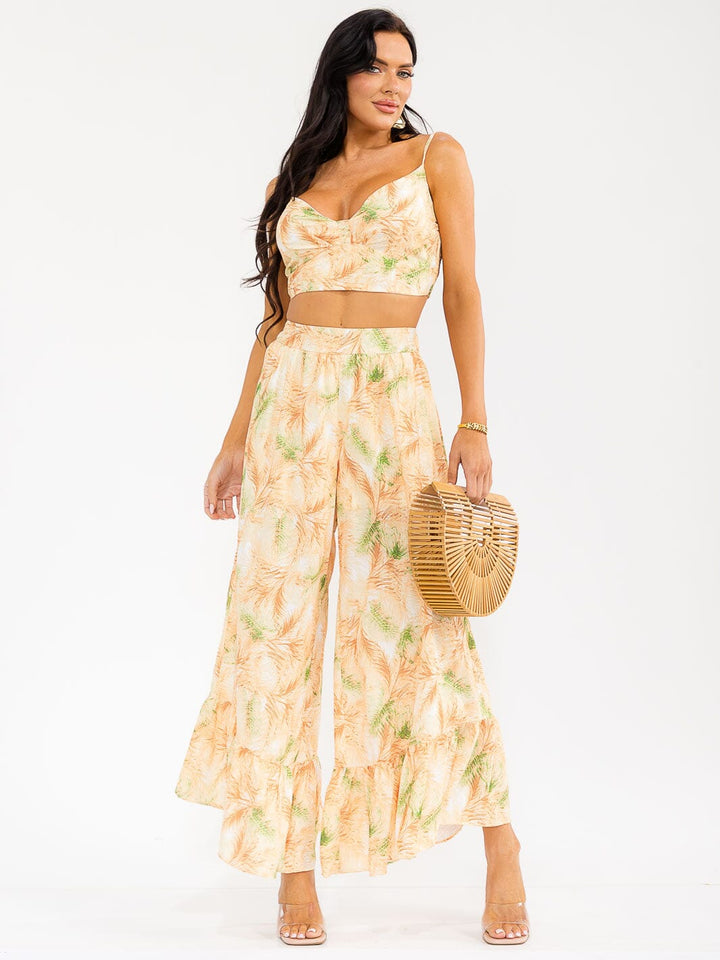 WOMEN'S SLEEVELESS SMOCK CROP TOP & ZIP UPWIDE LEG PANTS FLORAL 2PC. SET