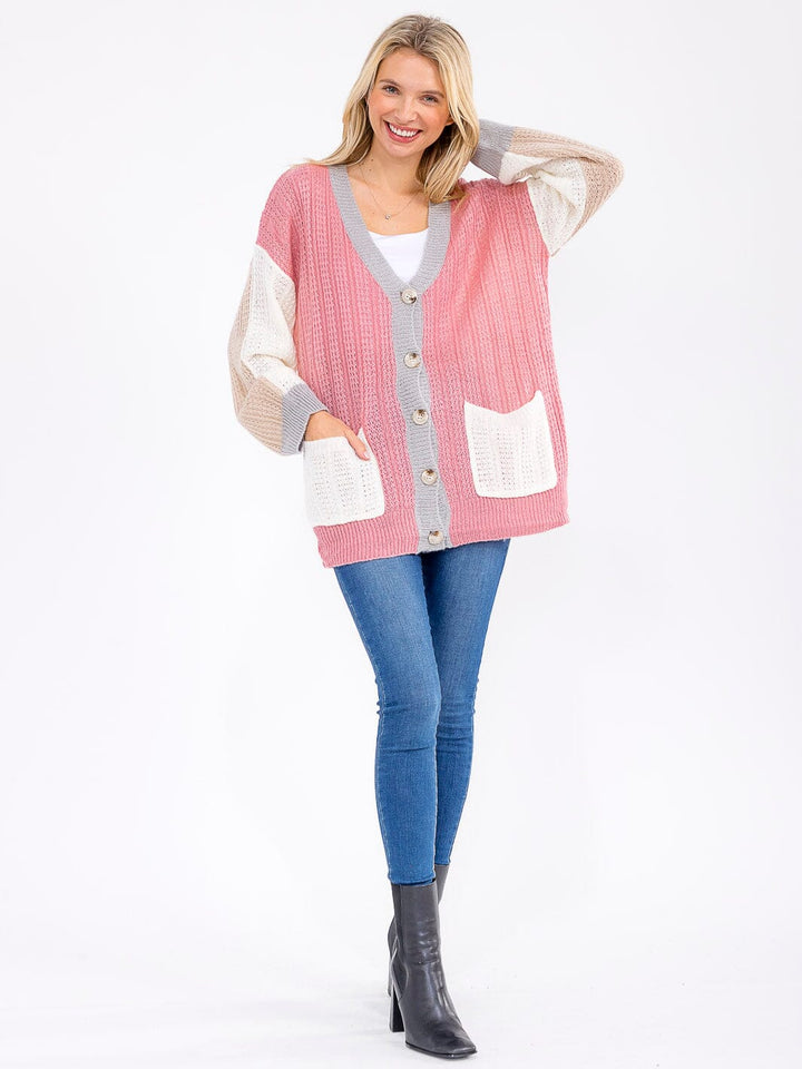 WOMEN'S LONG SLEEVE BUTTON CLOSURE FRONT POCKETS COLORBLOCK KNITTED CARDIGAN
