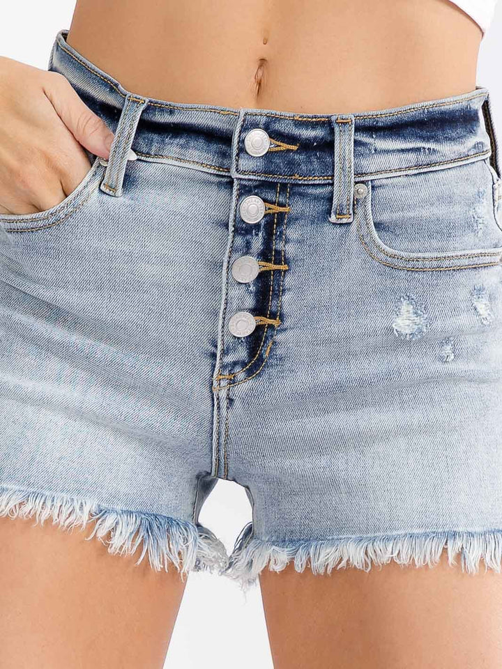 WOMEN'S BUTTON CLOSURE POCKETS RAW EDGE WASHED DENIM MINI SHORTS