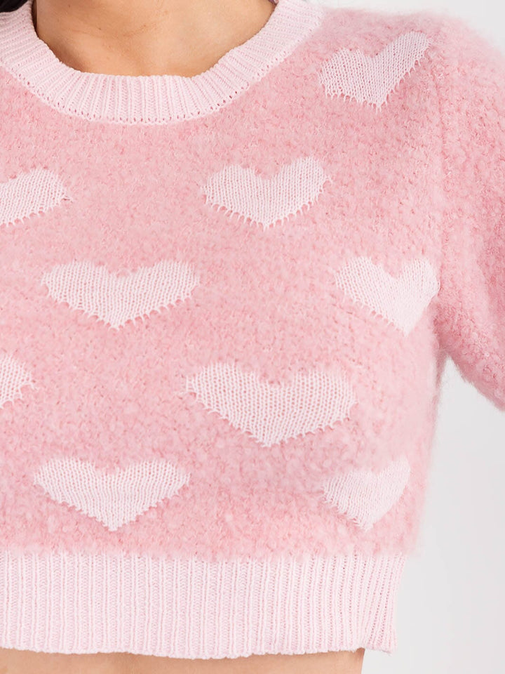 WOMEN'S SHORT SLEEVE HEART PRINT CROP TOP