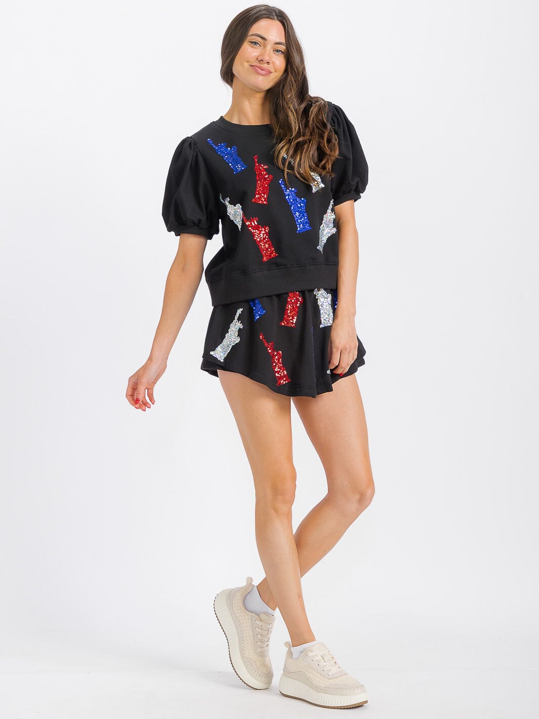 WOMEN'S SHORT SLEEVE TOP & ELASTIC WAIST MINI SHORT SEQUINS 2PC. SET