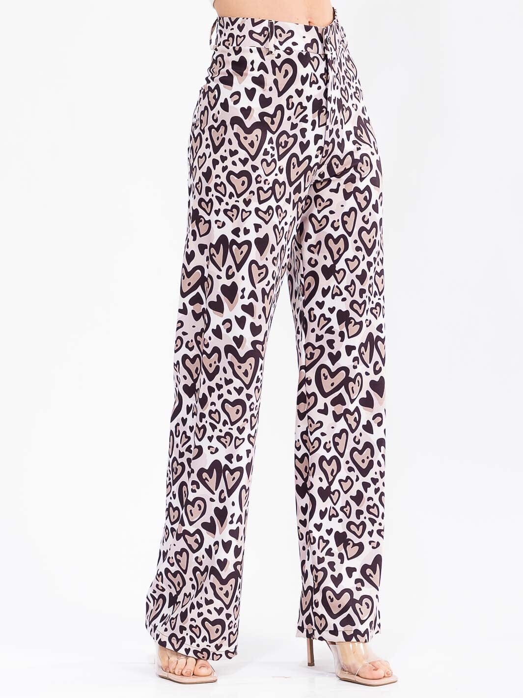 WOMEN'S BUTTON CLOSURE BACK POCKETS WIDE LEG HEARTS ANIMAL PRINT PANTS