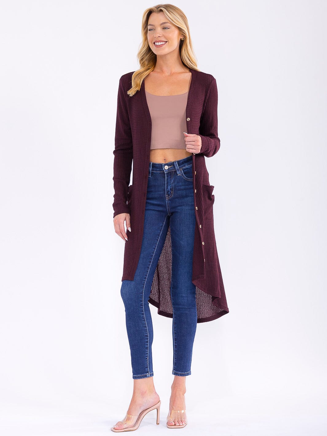 WOMEN'S LONG SLEEVE BUTTON UP FRONT POCKETS HIGH-LOW CARDIGAN