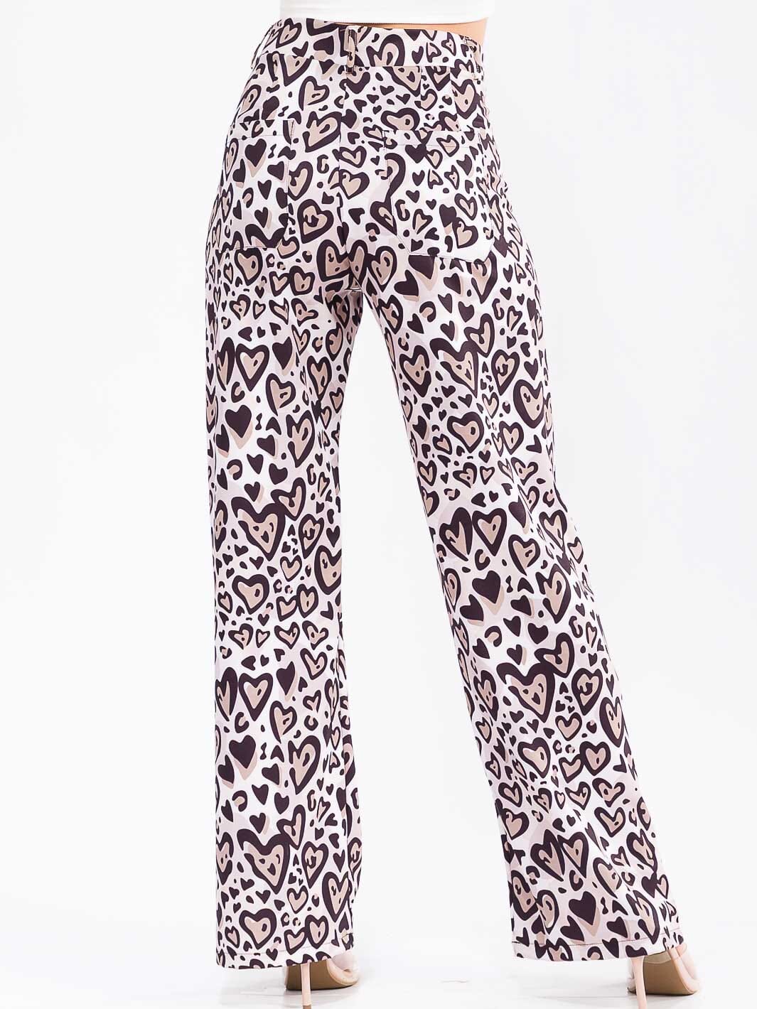 WOMEN'S BUTTON CLOSURE BACK POCKETS WIDE LEG HEARTS ANIMAL PRINT PANTS
