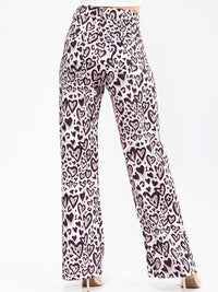WOMEN'S BUTTON CLOSURE BACK POCKETS WIDE LEG HEARTS ANIMAL PRINT PANTS