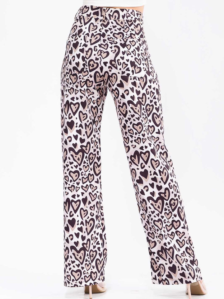 WOMEN'S BUTTON CLOSURE BACK POCKETS WIDE LEG HEARTS ANIMAL PRINT PANTS