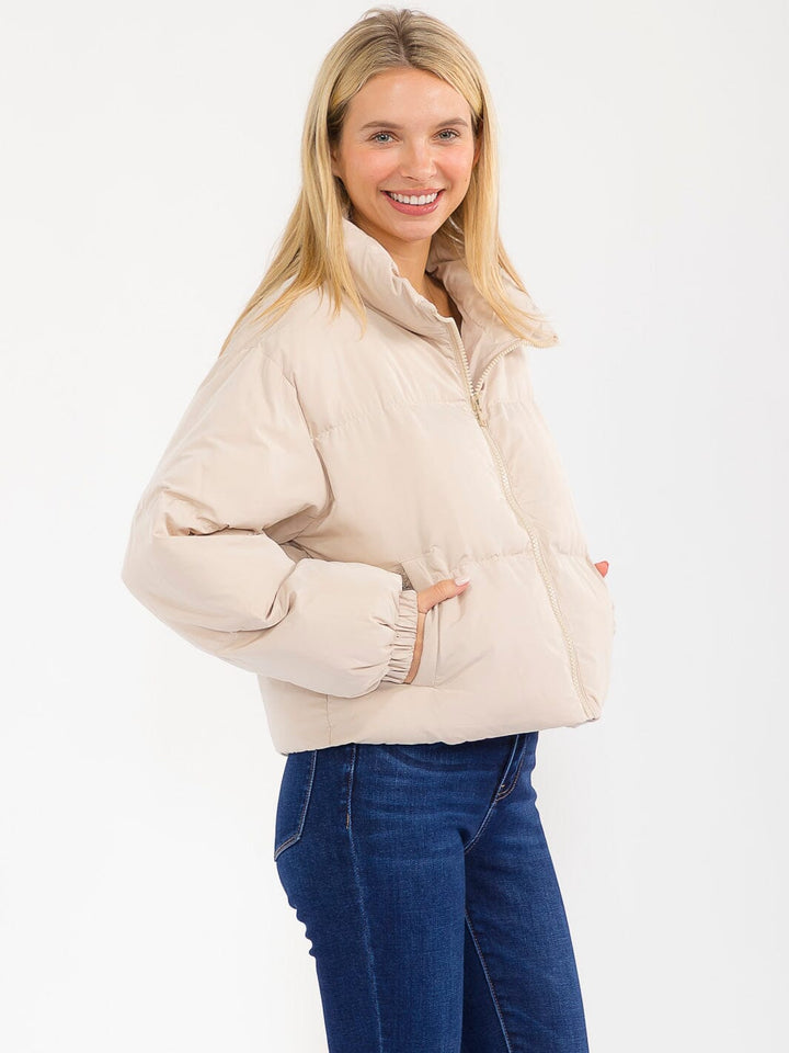 WOMEN'S LONG SLEEVE BUTTON CLOSURE FRONT POCKETS PUFFER JACKET