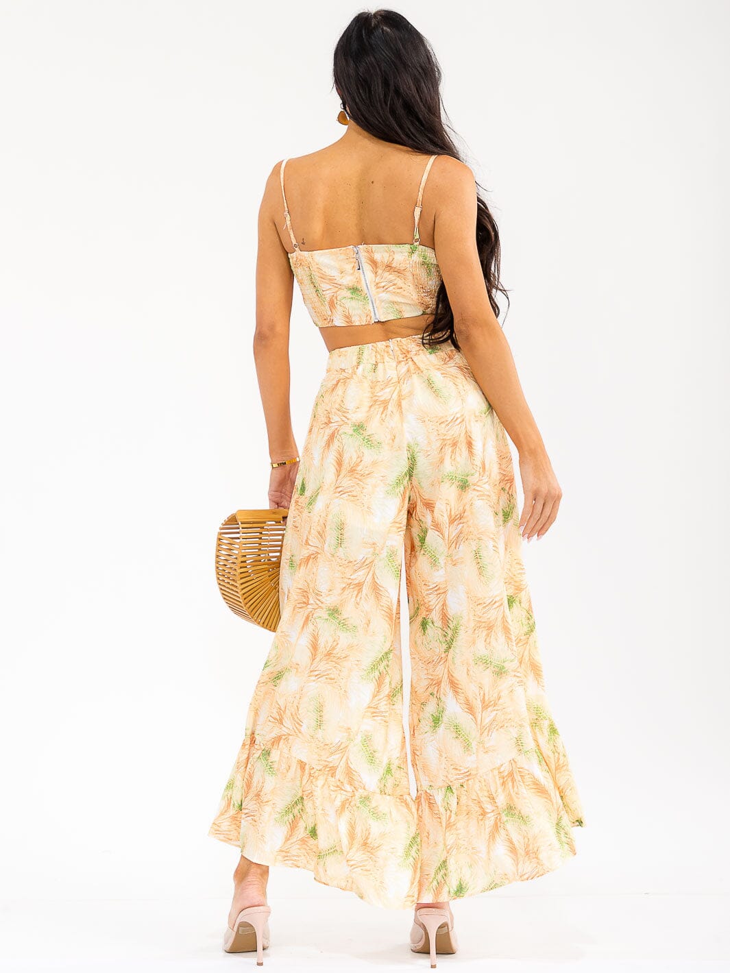 WOMEN'S SLEEVELESS SMOCK CROP TOP & ZIP UPWIDE LEG PANTS FLORAL 2PC. SET