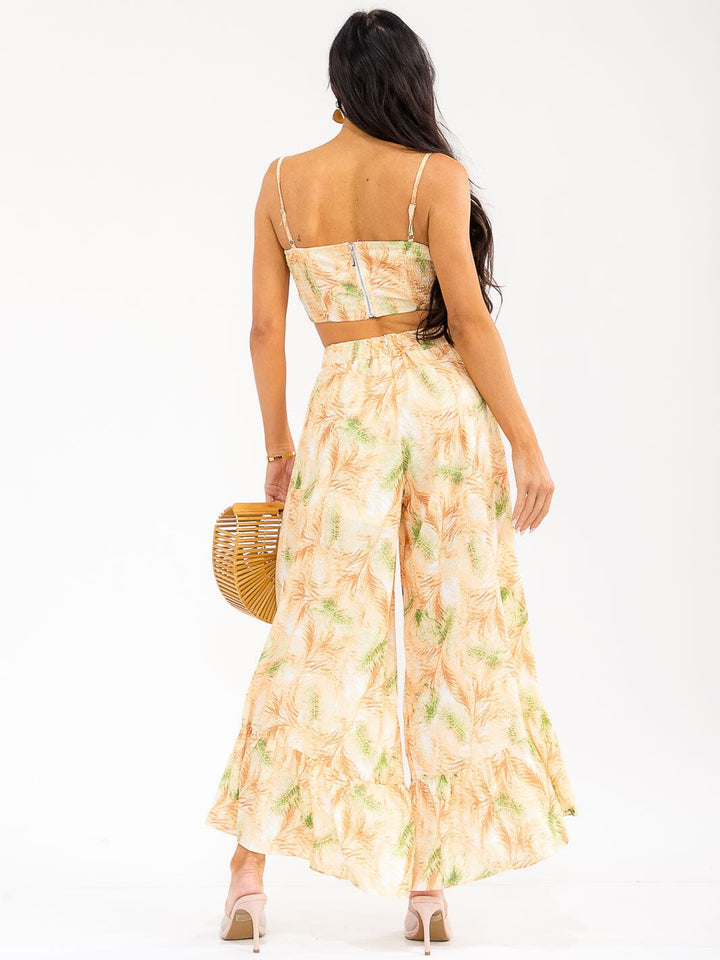 WOMEN'S SLEEVELESS SMOCK CROP TOP & ZIP UPWIDE LEG PANTS FLORAL 2PC. SET