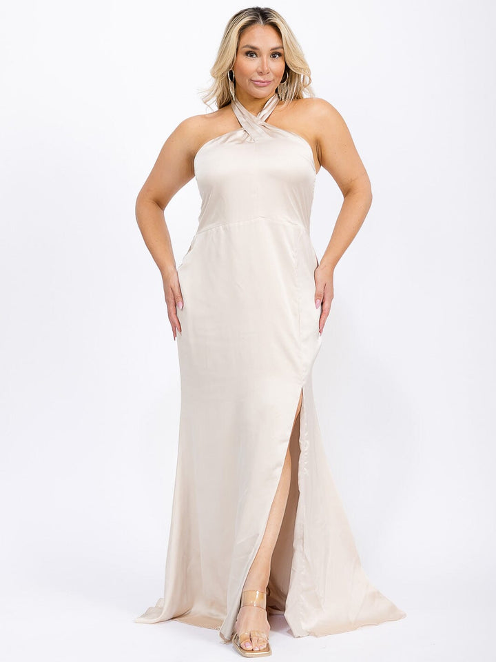 PUS SIZE SLEEVELESS HALTER NECK FRONT SLIT OPEN BACK MAXI GOWN DRESS