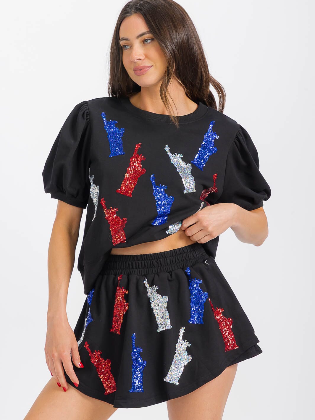 WOMEN'S SHORT SLEEVE TOP & ELASTIC WAIST MINI SHORT SEQUINS 2PC. SET