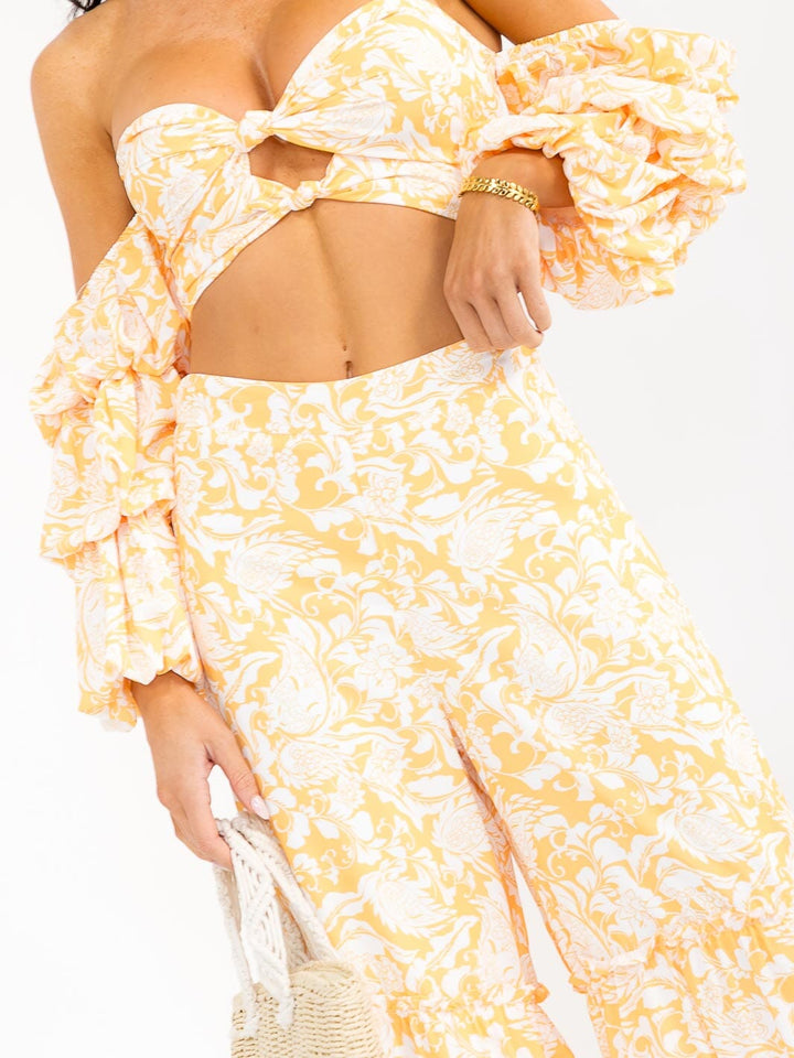 WOMEN'S RUFFLE SLEEVES CROP TOP & ZIP UP WIDE LEG PANTS FLORAL 2PC. SET