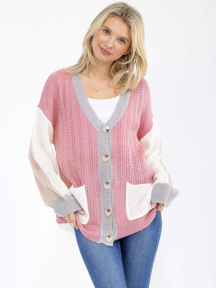 WOMEN'S LONG SLEEVE BUTTON CLOSURE FRONT POCKETS COLORBLOCK KNITTED CARDIGAN