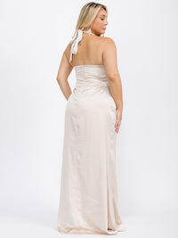 PUS SIZE SLEEVELESS HALTER NECK FRONT SLIT OPEN BACK MAXI GOWN DRESS