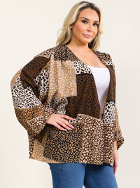 PLUS SIZE LONG SLEEVE OPEN FRONT ANIMAL PRINT CARDIGAN