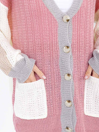 WOMEN'S LONG SLEEVE BUTTON CLOSURE FRONT POCKETS COLORBLOCK KNITTED CARDIGAN