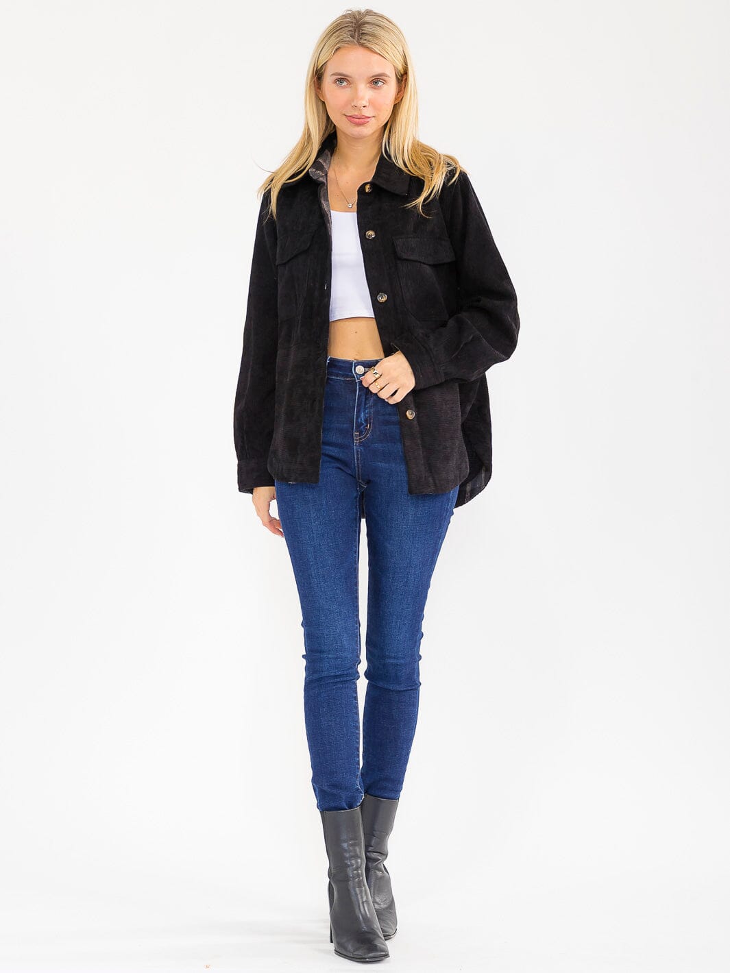 WOMEN'S LONG SLEEVE BUTTON CLOSURE FRONT POCKETS CORDUROY JACKET