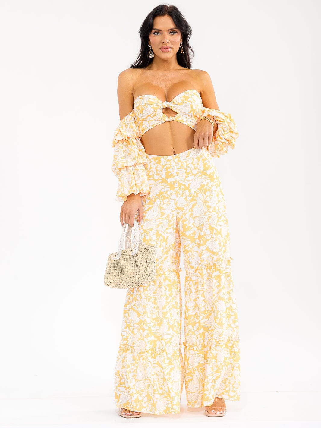 WOMEN'S RUFFLE SLEEVES CROP TOP & ZIP UP WIDE LEG PANTS FLORAL 2PC. SET