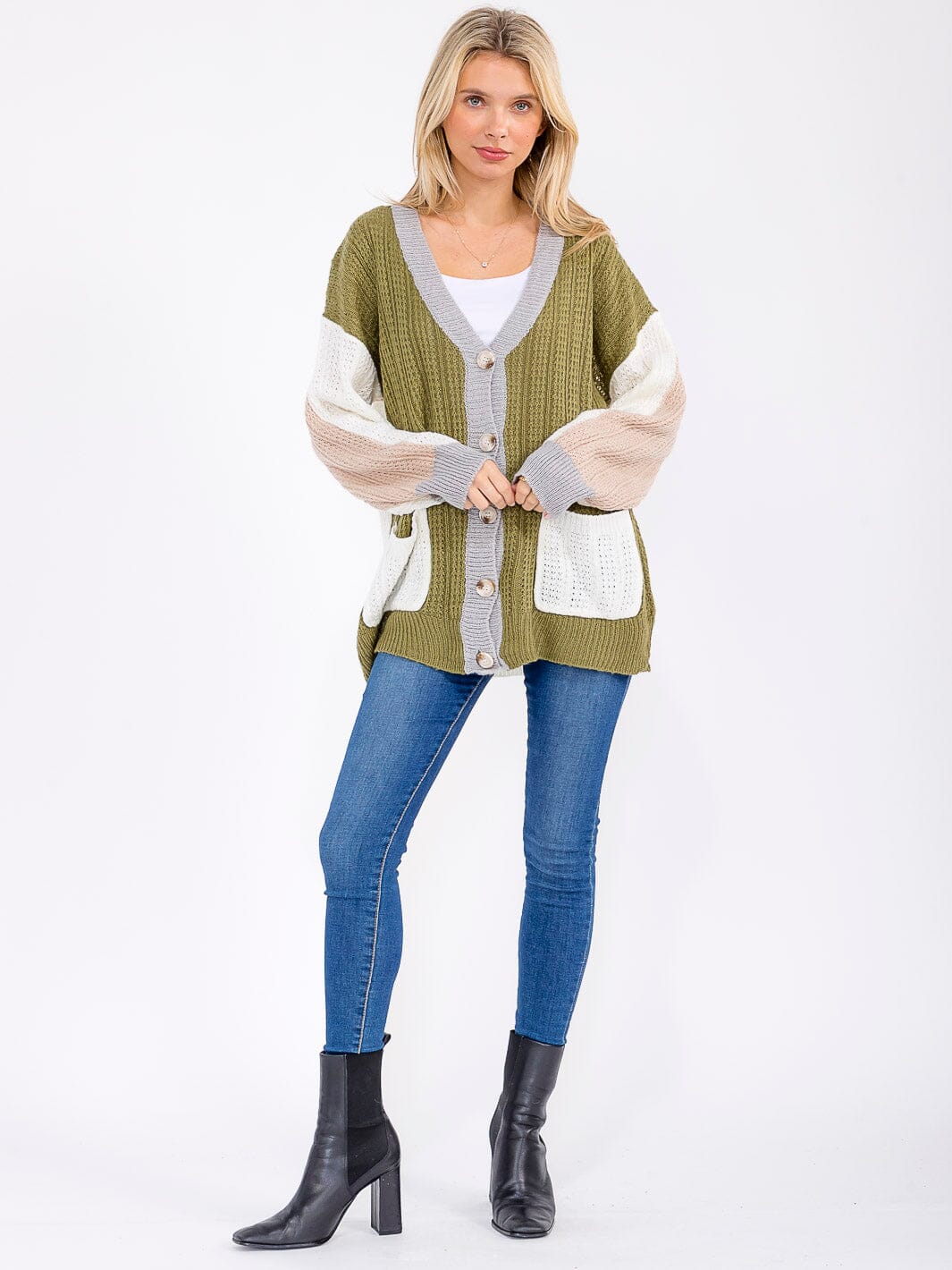 WOMEN'S LONG SLEEVE BUTTON CLOSURE FRONT POCKETS COLORBLOCK KNITTED CARDIGAN
