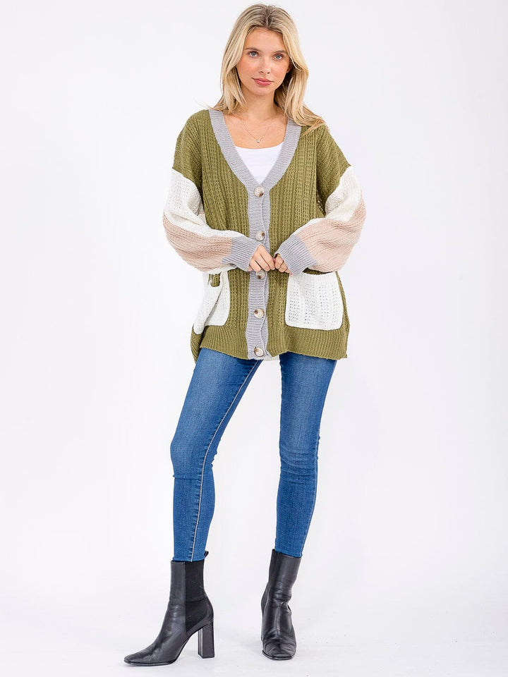 WOMEN'S LONG SLEEVE BUTTON CLOSURE FRONT POCKETS COLORBLOCK KNITTED CARDIGAN