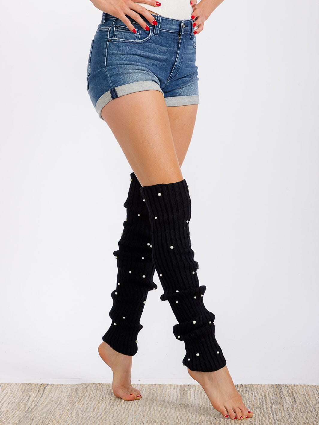 WOMEN'S PEARL DETAILED RIBBED KNIT LEG WARMERS