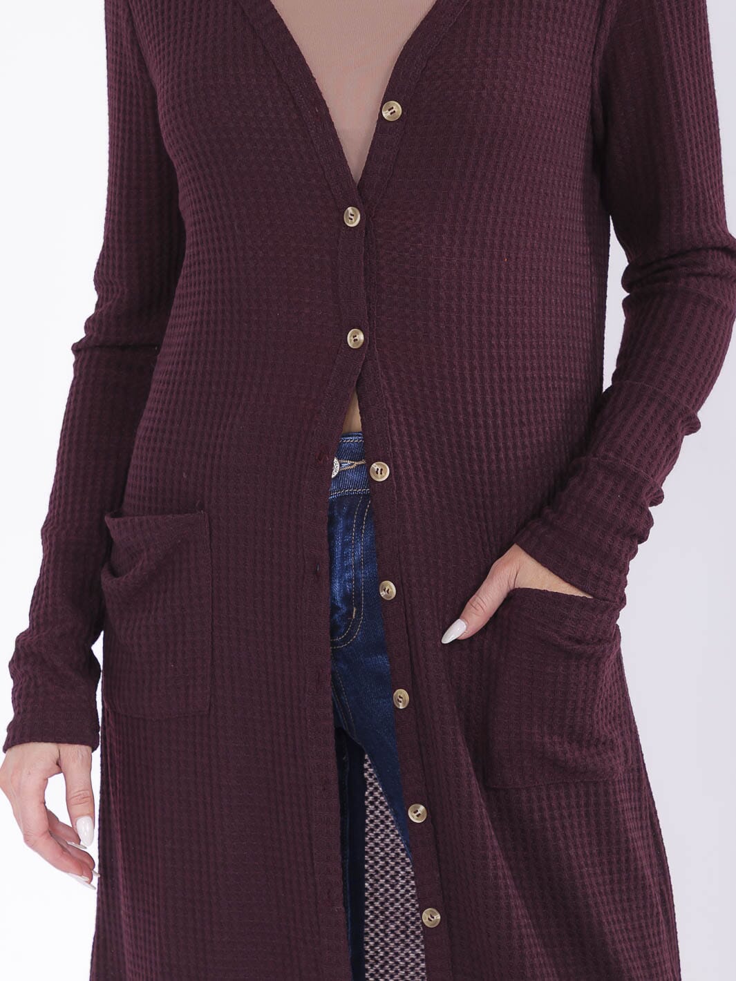 WOMEN'S LONG SLEEVE BUTTON UP FRONT POCKETS HIGH-LOW CARDIGAN