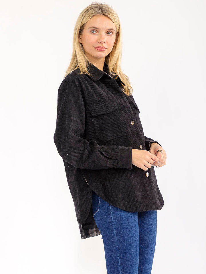 WOMEN'S LONG SLEEVE BUTTON CLOSURE FRONT POCKETS CORDUROY JACKET