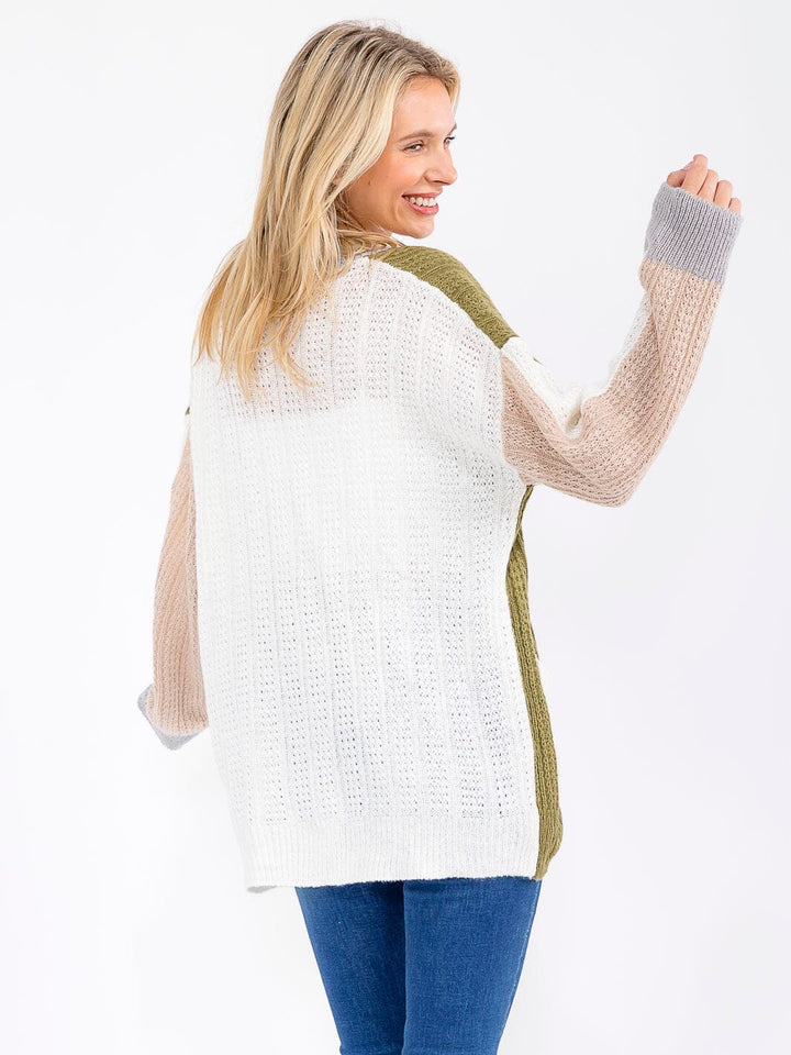 WOMEN'S LONG SLEEVE BUTTON CLOSURE FRONT POCKETS COLORBLOCK KNITTED CARDIGAN