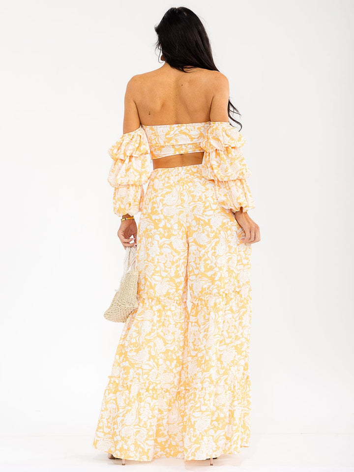 WOMEN'S RUFFLE SLEEVES CROP TOP & ZIP UP WIDE LEG PANTS FLORAL 2PC. SET