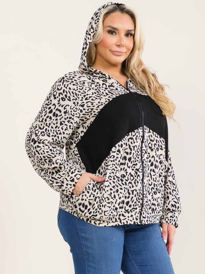 PLUS SIZE LONG SLEEVE ZIPPER CLOSURE FRONT POCKETS ANIMAL PRINT HOODED SWEATER