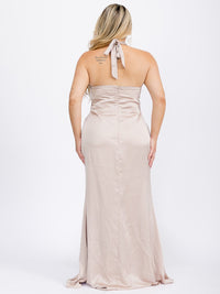 PUS SIZE SLEEVELESS HALTER NECK FRONT SLIT OPEN BACK MAXI GOWN DRESS