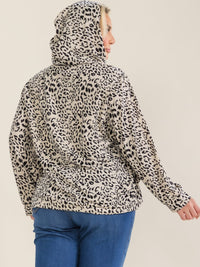 PLUS SIZE LONG SLEEVE ZIPPER CLOSURE FRONT POCKETS ANIMAL PRINT HOODED SWEATER