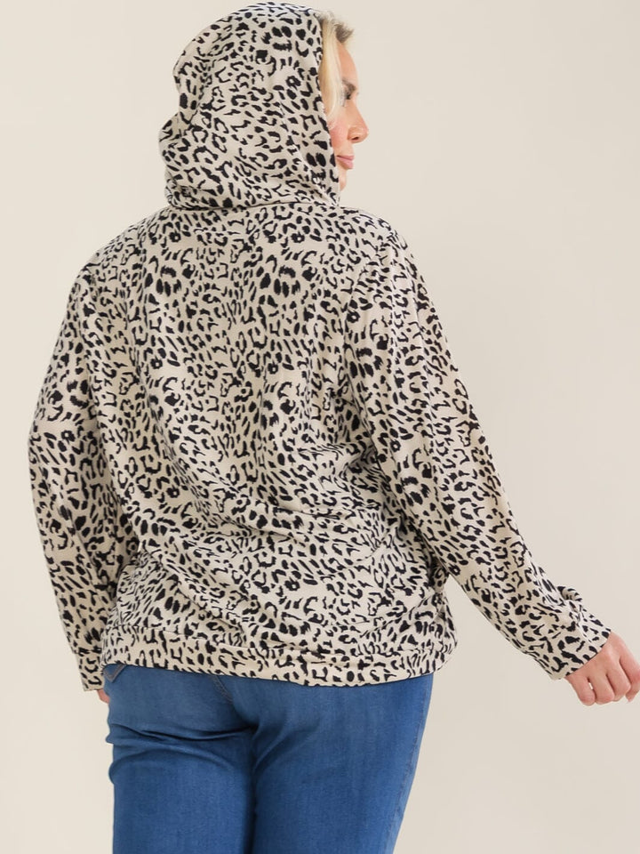 PLUS SIZE LONG SLEEVE ZIPPER CLOSURE FRONT POCKETS ANIMAL PRINT HOODED SWEATER