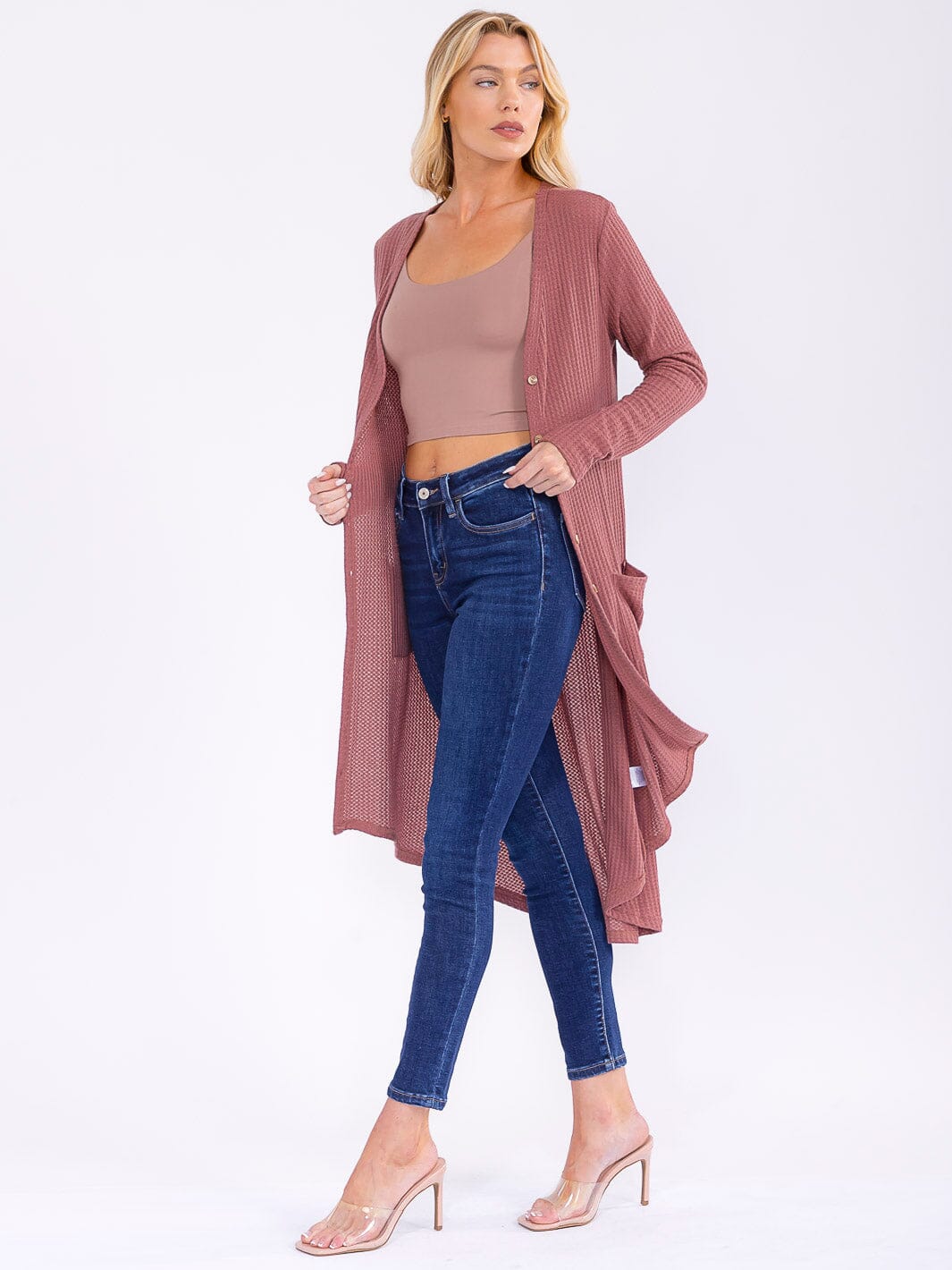 WOMEN'S LONG SLEEVE BUTTON UP FRONT POCKETS HIGH-LOW CARDIGAN
