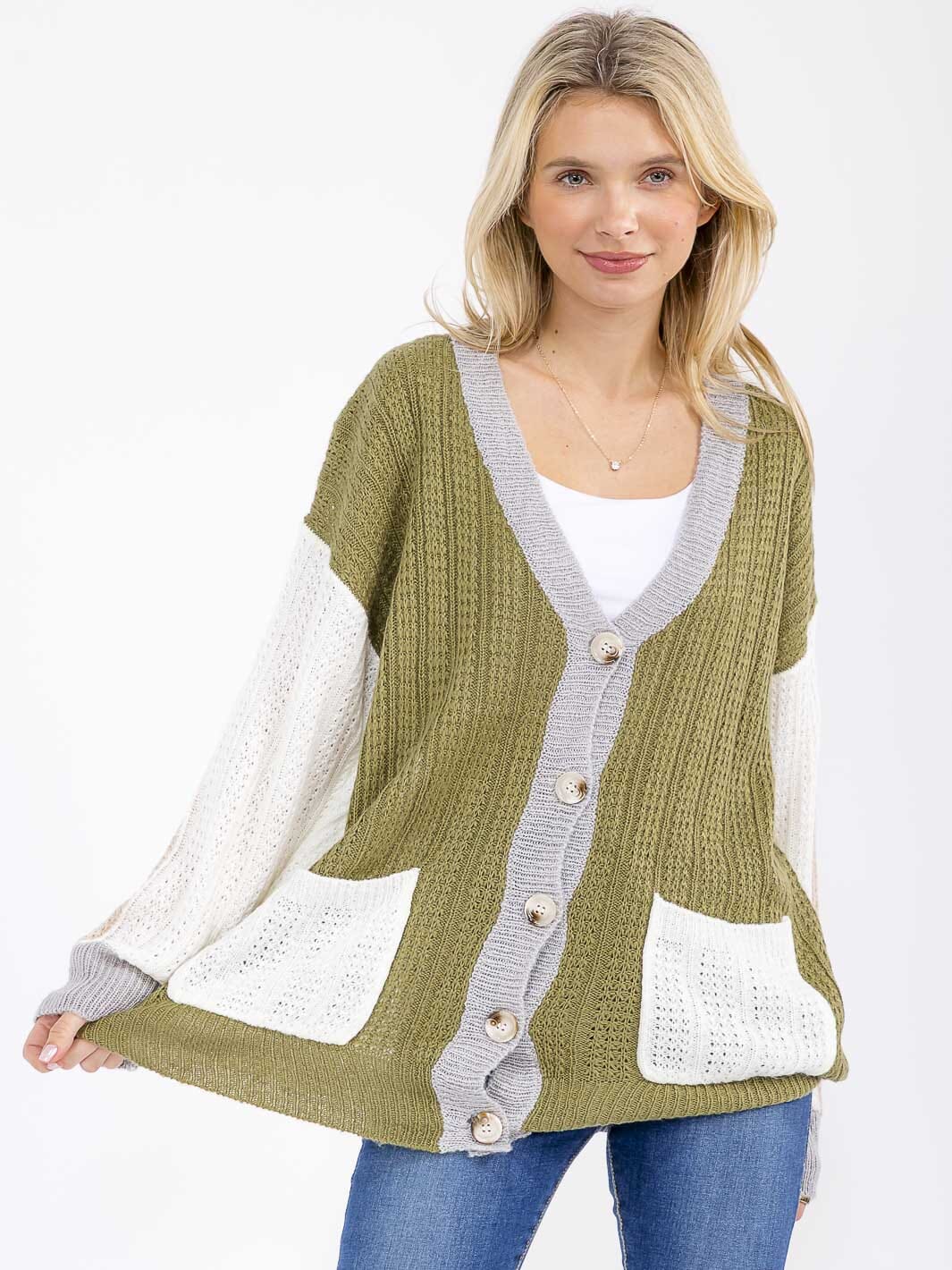 WOMEN'S LONG SLEEVE BUTTON CLOSURE FRONT POCKETS COLORBLOCK KNITTED CARDIGAN