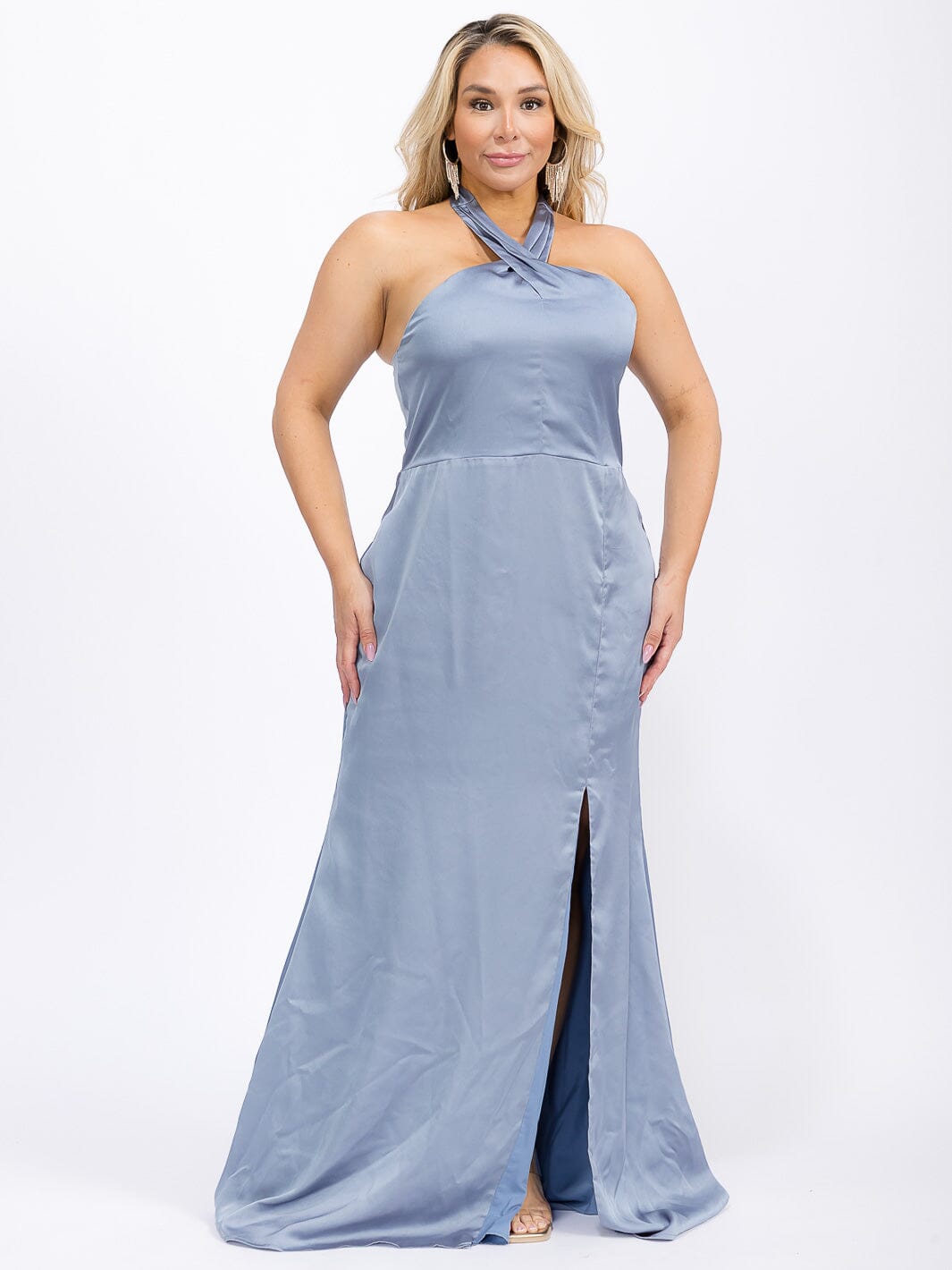 PUS SIZE SLEEVELESS HALTER NECK FRONT SLIT OPEN BACK MAXI GOWN DRESS