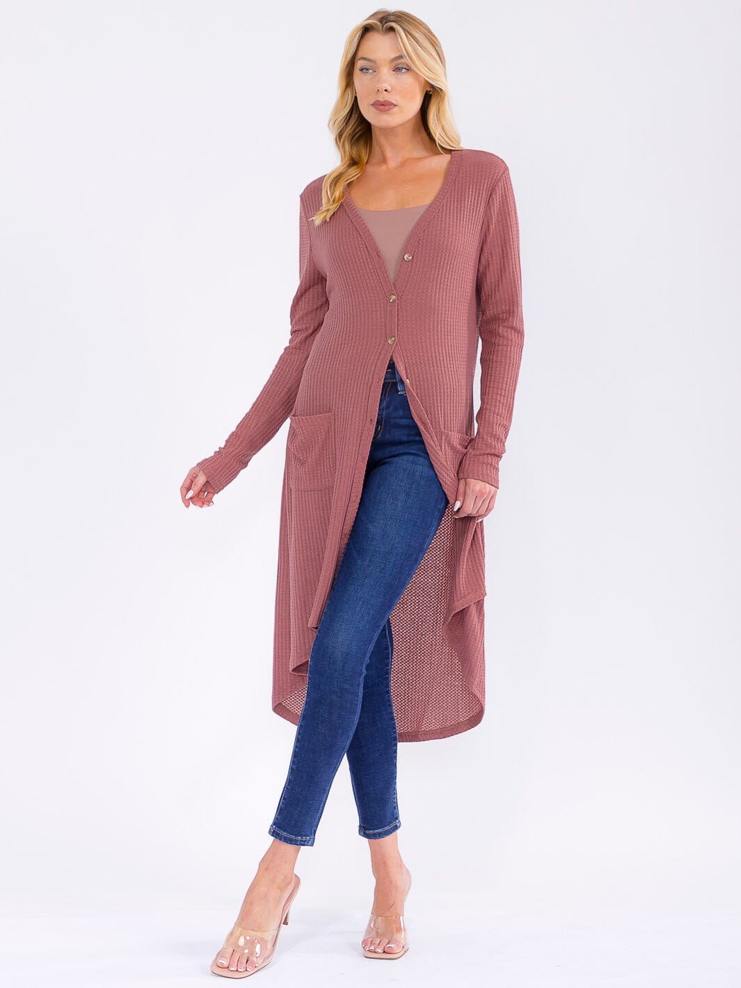 WOMEN'S LONG SLEEVE BUTTON UP FRONT POCKETS HIGH-LOW CARDIGAN