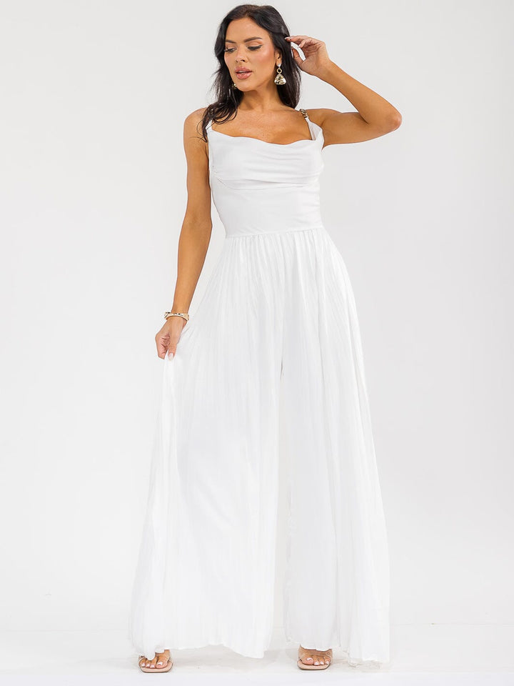 WOMEN'S SLEEVELESS COWL NECK SMOCK BACK PALAZZO WIDE LEG JUMPSUIT