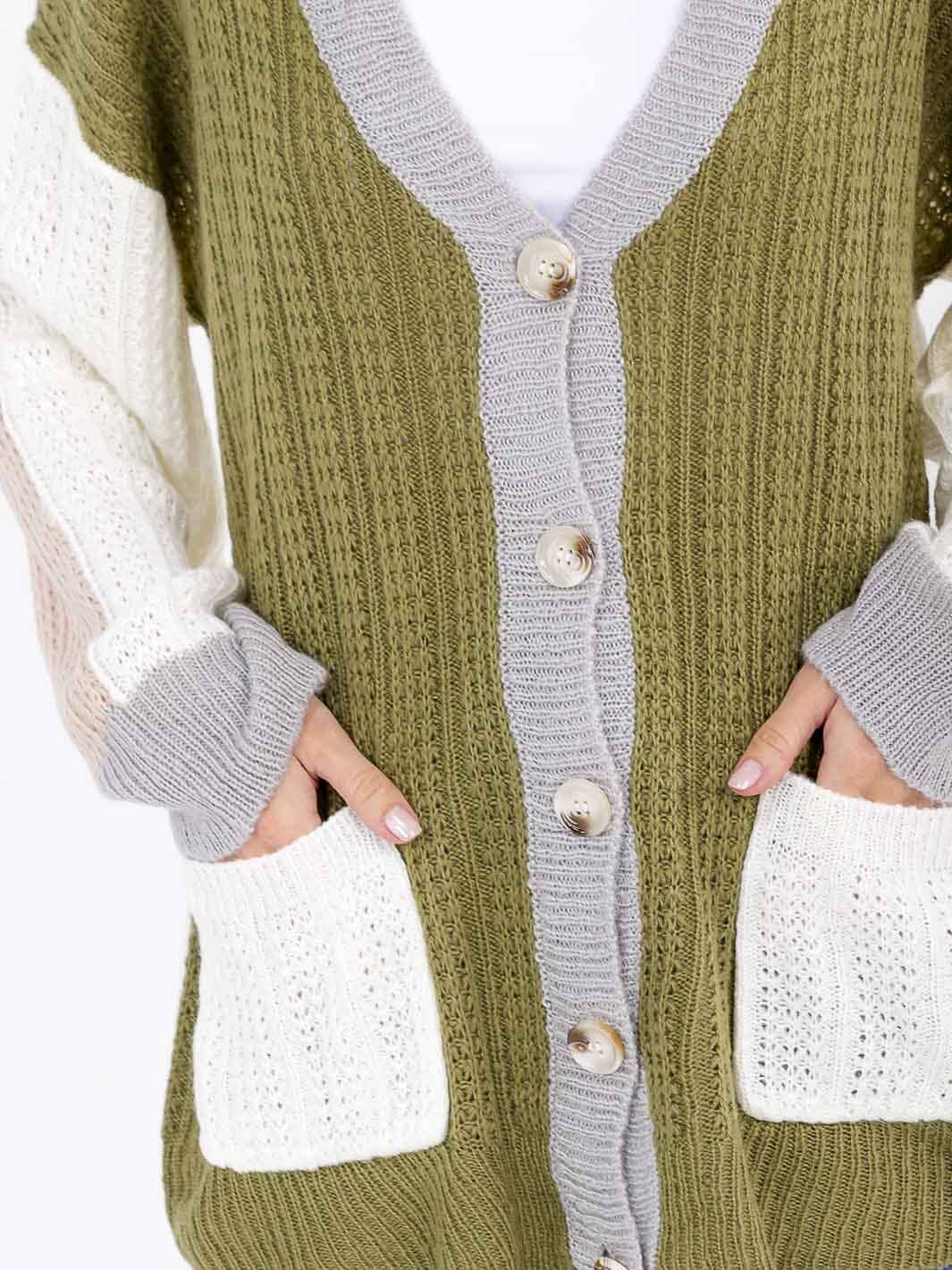 WOMEN'S LONG SLEEVE BUTTON CLOSURE FRONT POCKETS COLORBLOCK KNITTED CARDIGAN