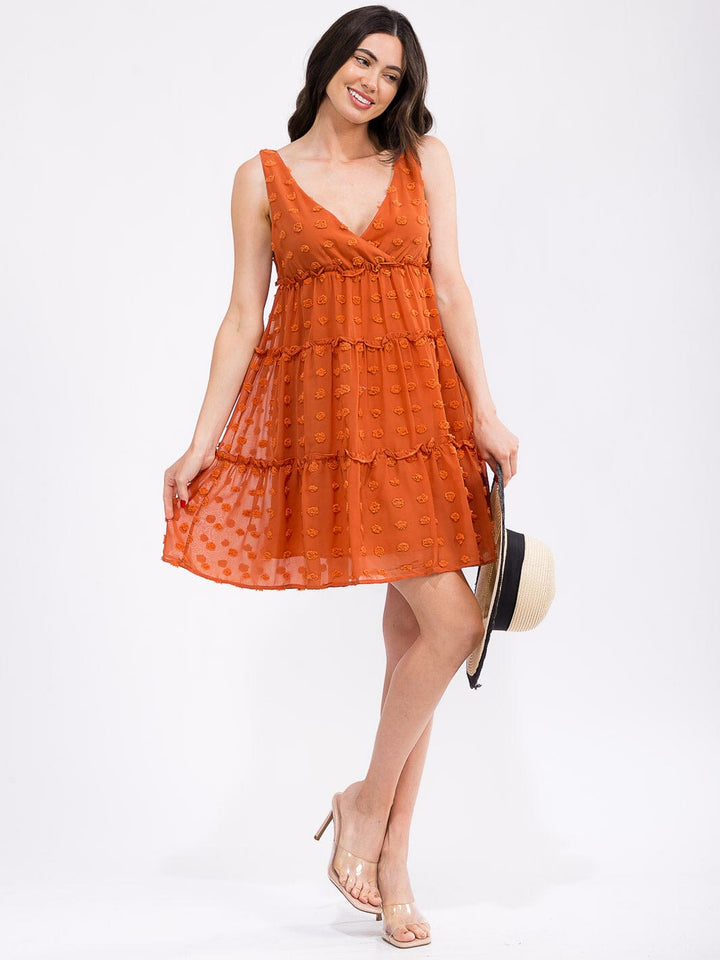 WOMEN'S SLEEVELESS SURPLICE SWISS DOTS TIERED MINI DRESS