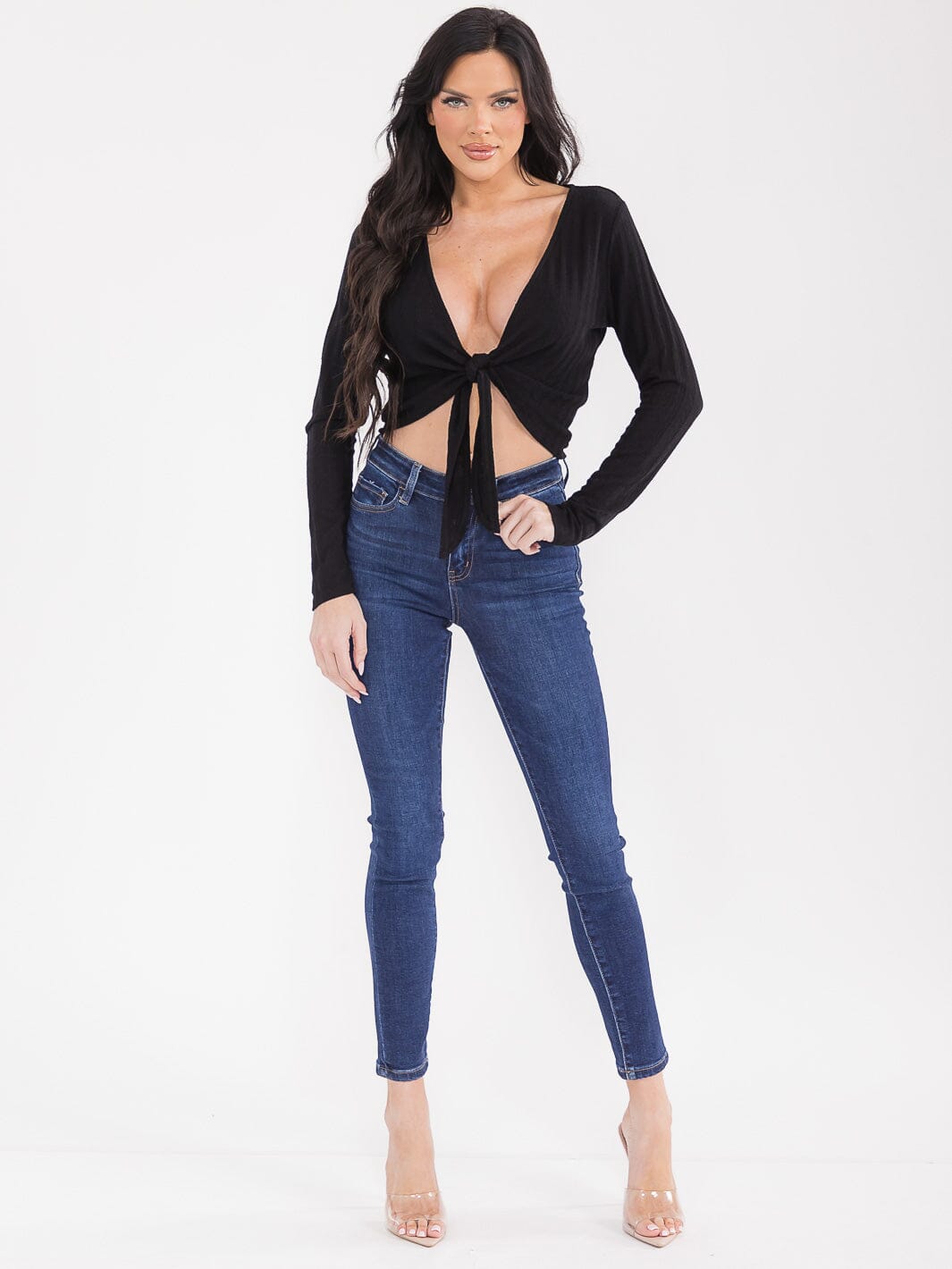 WOMEN'S LONG SLEEVE FRONT TIE CROP TOP