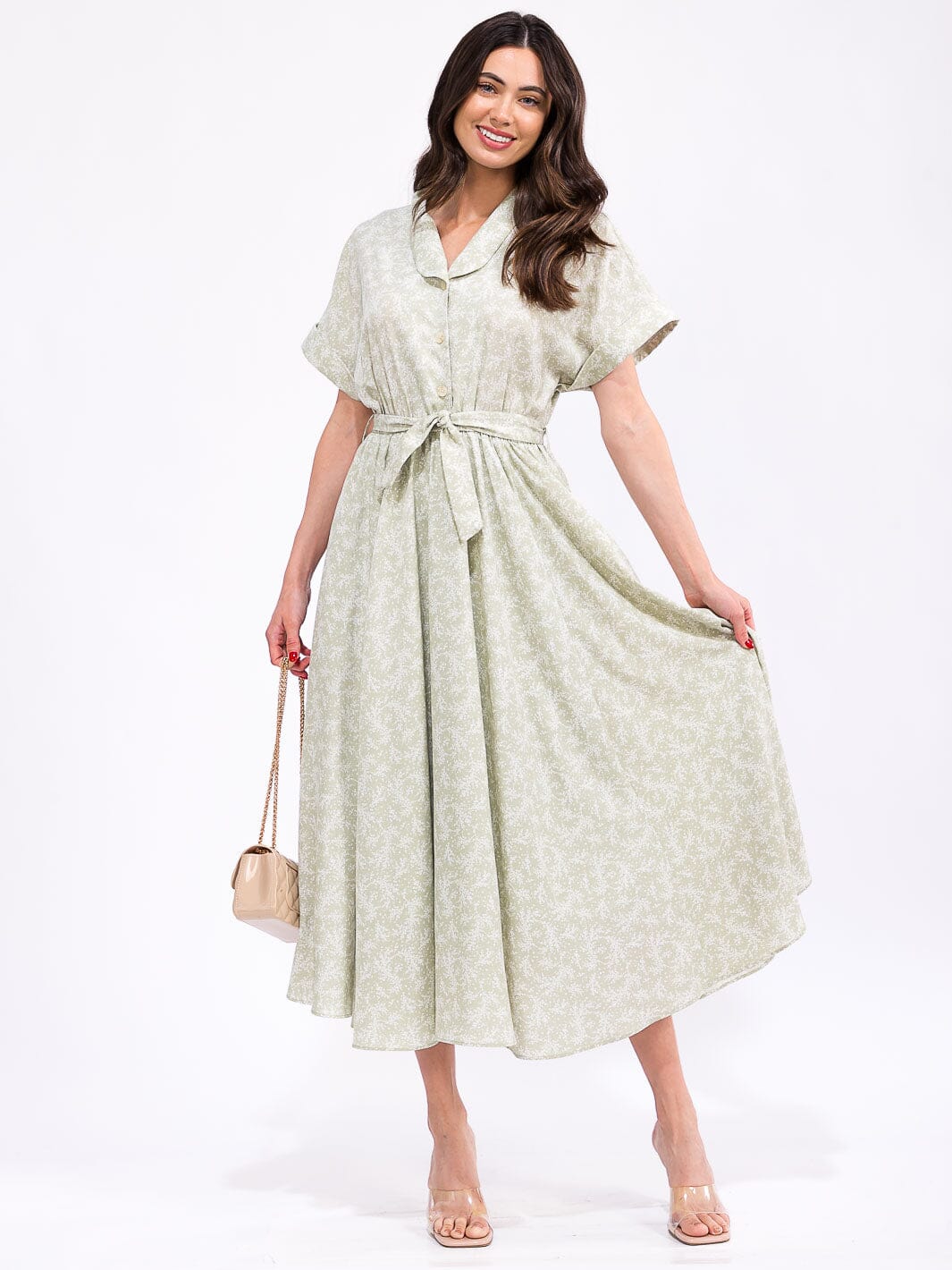 WOMEN'S SHORT SLEEVE ELASTIC WAIST SELF TIE POCKETS FLORAL PRINT MAXI DRESS