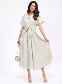 WOMEN'S SHORT SLEEVE ELASTIC WAIST SELF TIE POCKETS FLORAL PRINT MAXI DRESS