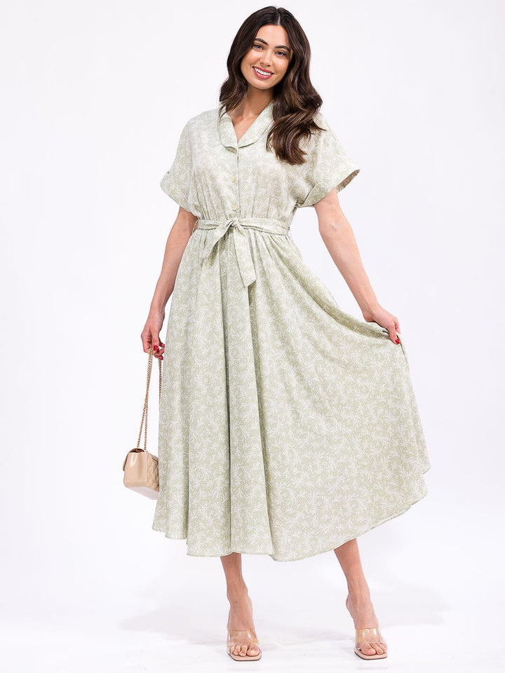 WOMEN'S SHORT SLEEVE ELASTIC WAIST SELF TIE POCKETS FLORAL PRINT MAXI DRESS