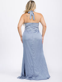 PUS SIZE SLEEVELESS HALTER NECK FRONT SLIT OPEN BACK MAXI GOWN DRESS