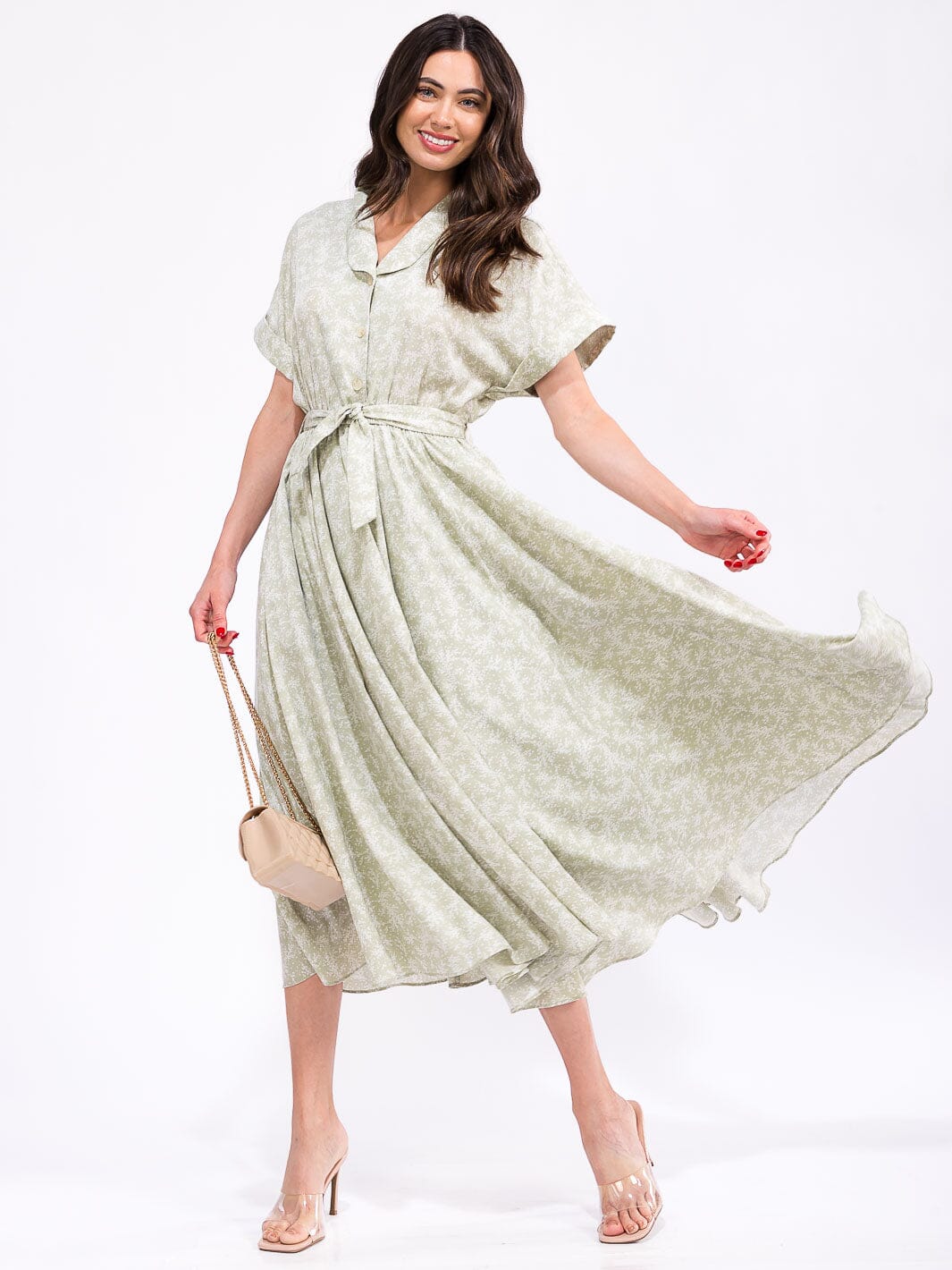 WOMEN'S SHORT SLEEVE ELASTIC WAIST SELF TIE POCKETS FLORAL PRINT MAXI DRESS