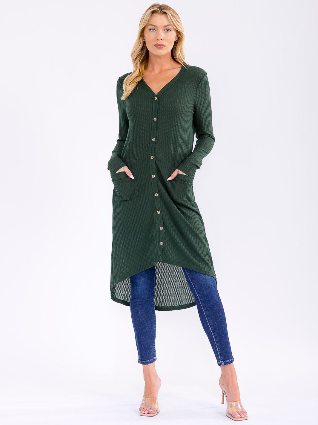 WOMEN'S LONG SLEEVE BUTTON UP FRONT POCKETS HIGH-LOW CARDIGAN