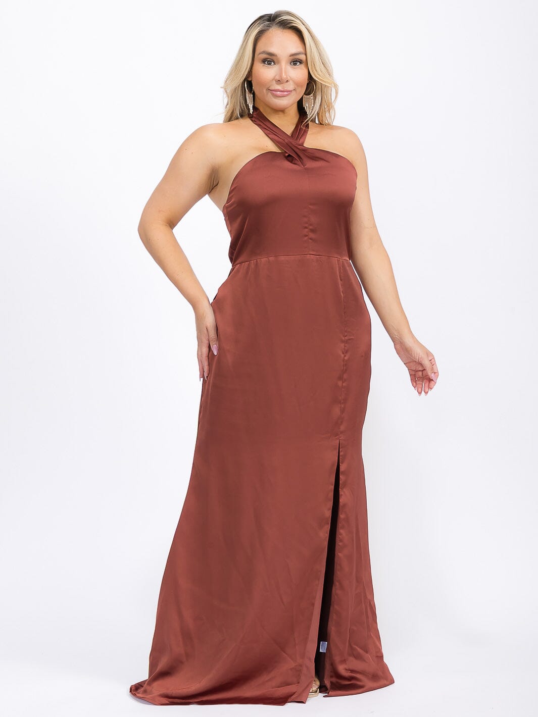 PUS SIZE SLEEVELESS HALTER NECK FRONT SLIT OPEN BACK MAXI GOWN DRESS